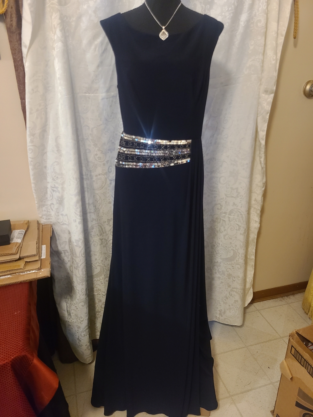 Adam Navy Evening Gown with Beaded Waistband